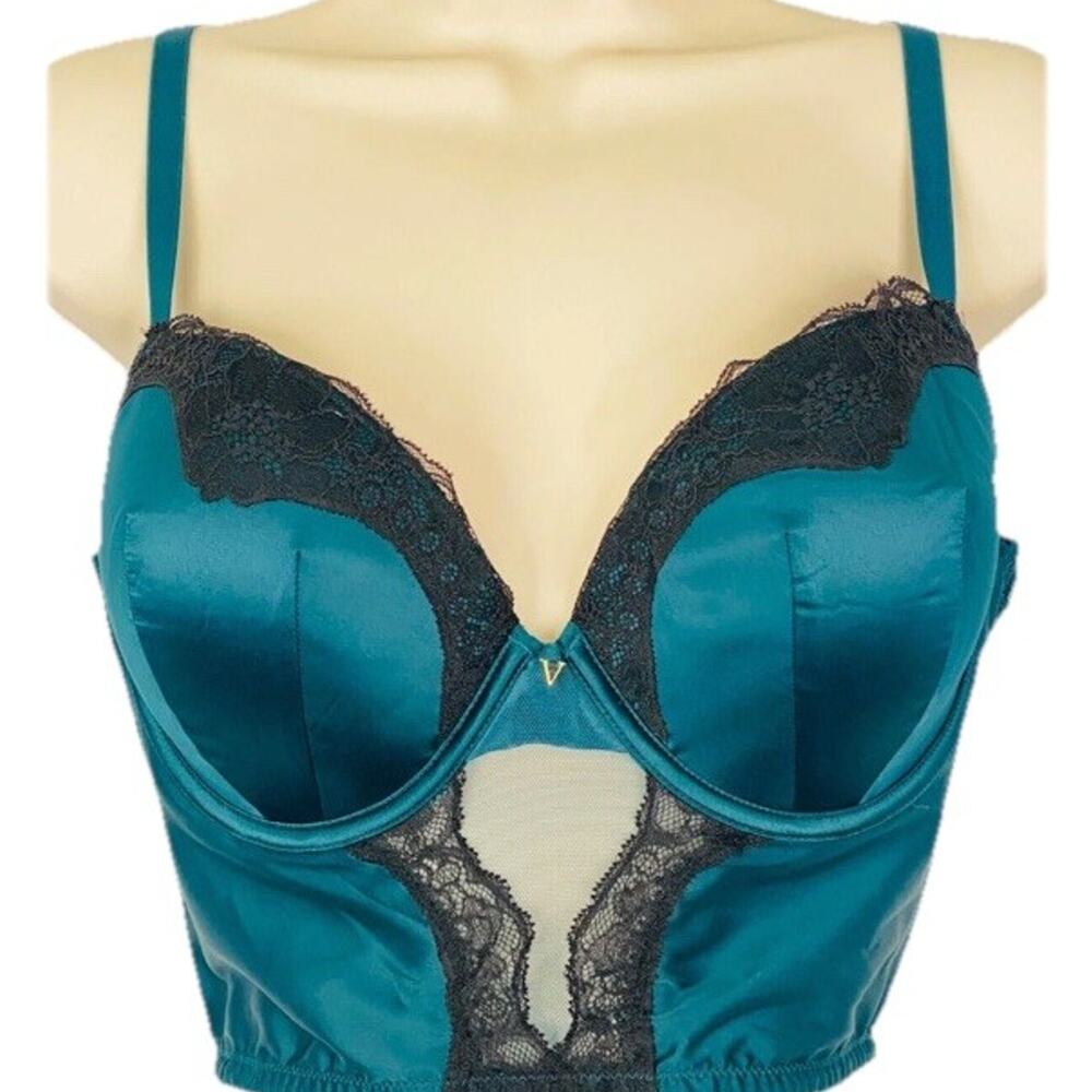 Victoria's Secret bustier satin teal green push up bra 38DD Sexy Black Lace Mint